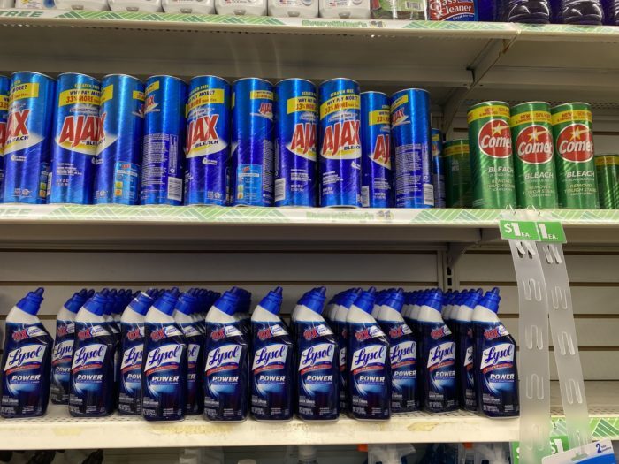Cleaning products on a Dollar Tree store shelf.