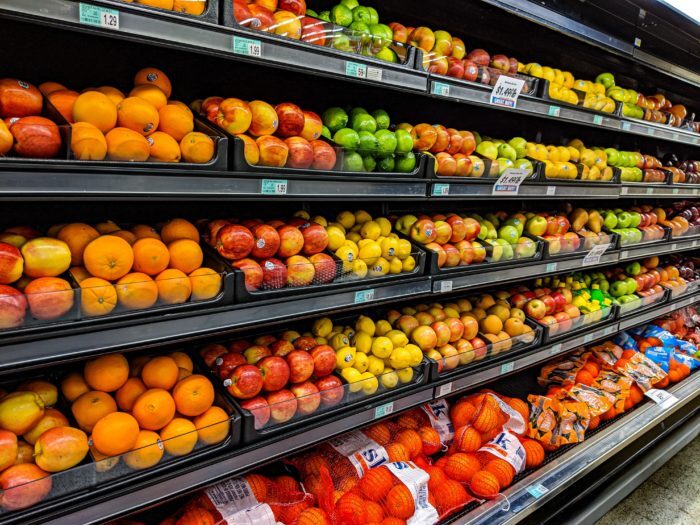 Produce section shelves of a grocery store